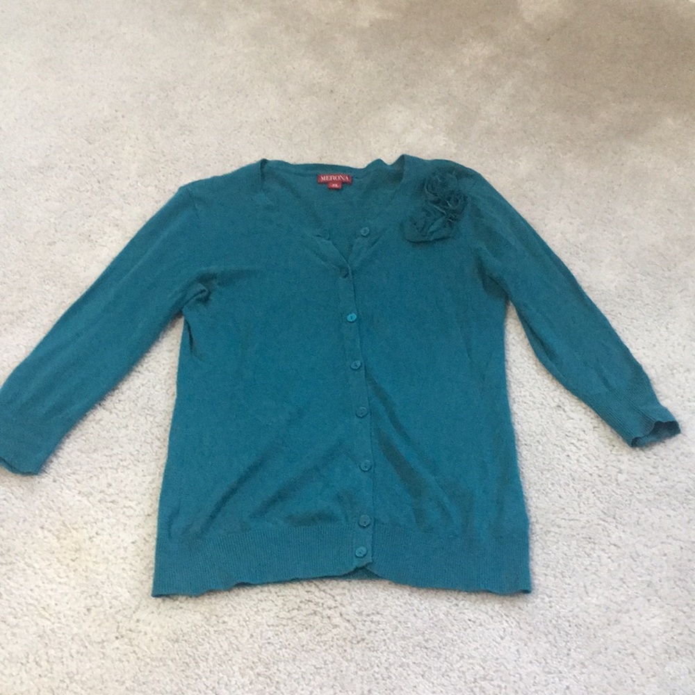 Teal button up sweater with flower detail